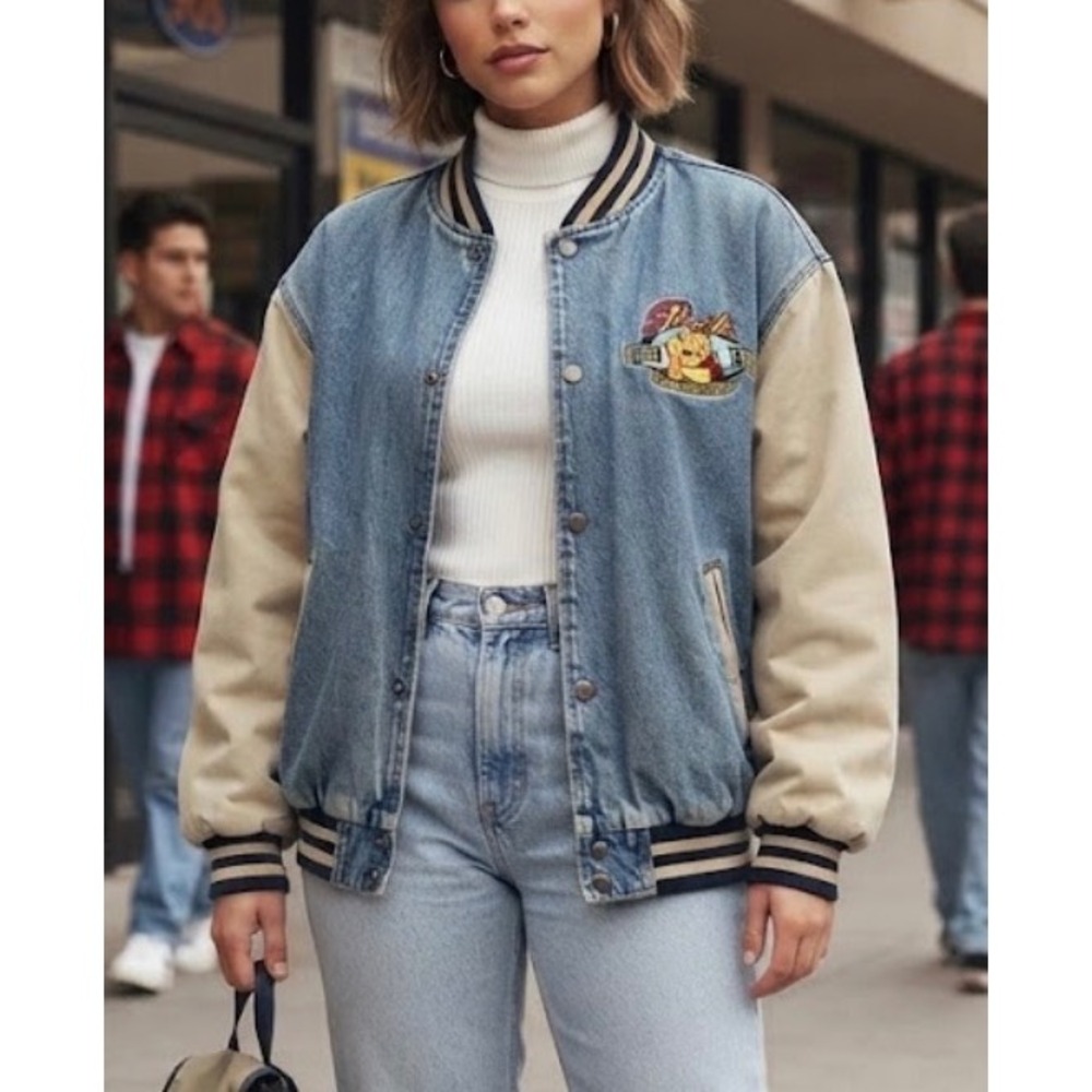 Vintage 90s Disney Winnie the Pooh Denim Varsity Jacket XL Blue Tan Bomber